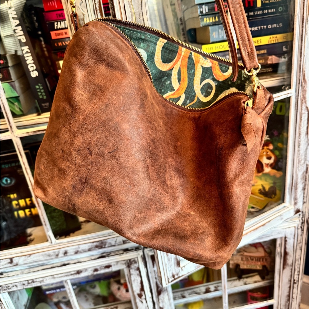 Satchel Large Carrie Mojave Brown Leather with teal Octopus lining Crossbody Bag